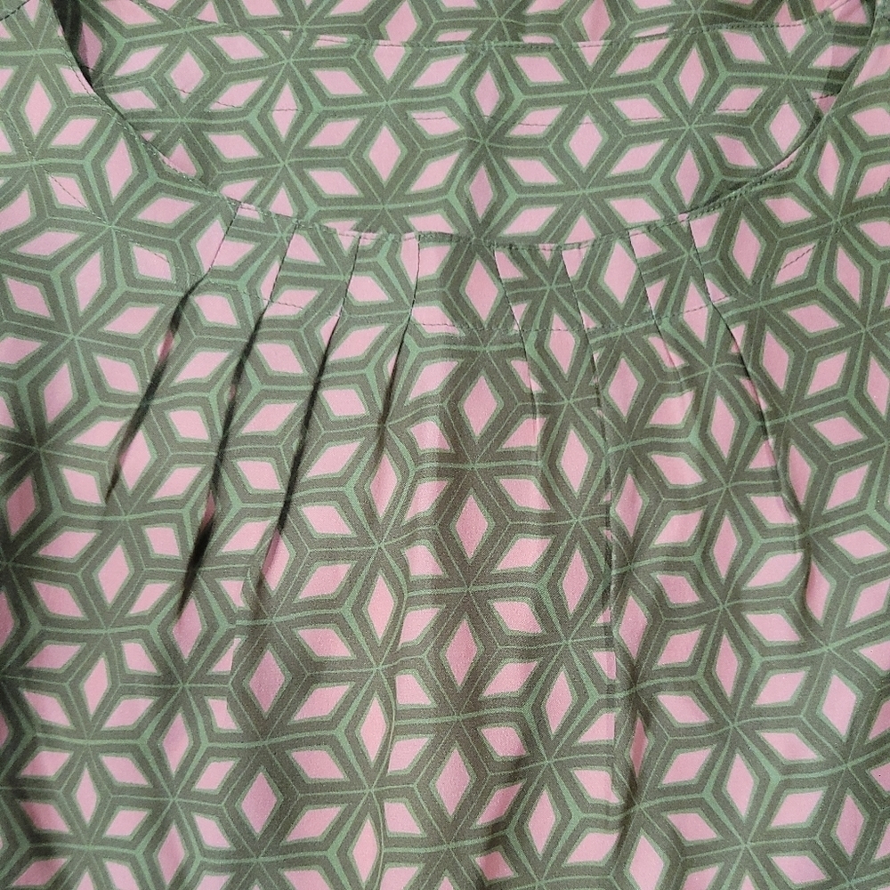 New Fossil Green/Pink Geometric Print Mini Dress 3/4 Sleeve Mod Tunic Sz Small - Picture 7 of 9
